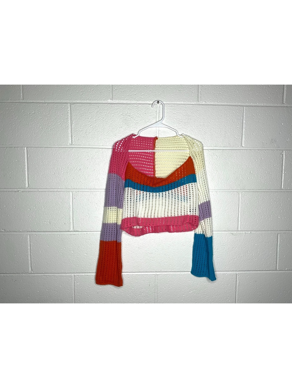 Colorful Crochet Knit Cropped Long Sleeve Sweater Top